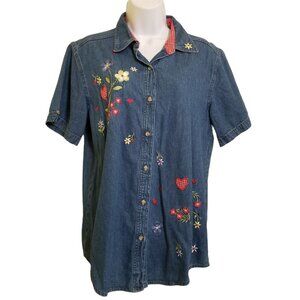 Vintage Button Up Shirt Blouse Womens Medium Denim Embroidered Flowers Collared